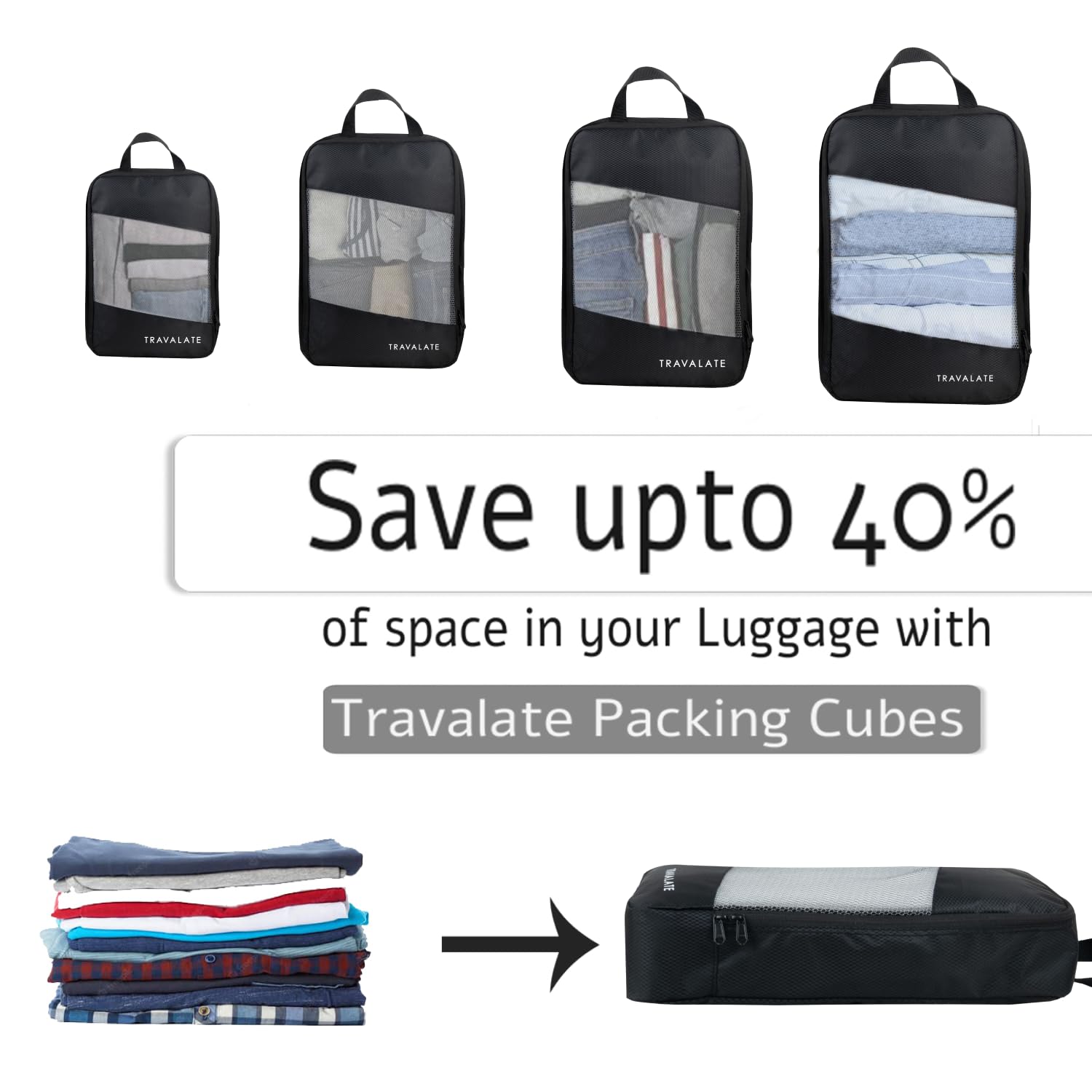 Travalate Multiple Size Packing Cubes | Set of 7 Black
