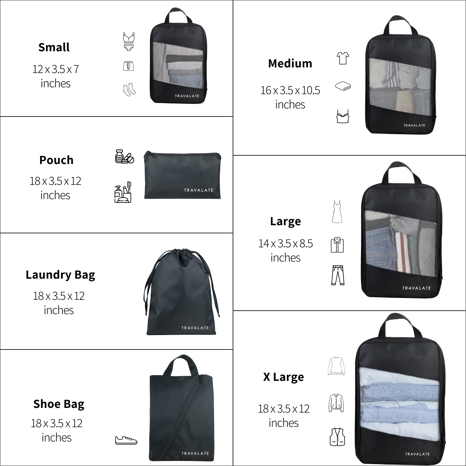 Travalate Multiple Size Packing Cubes | Set of 7 Black