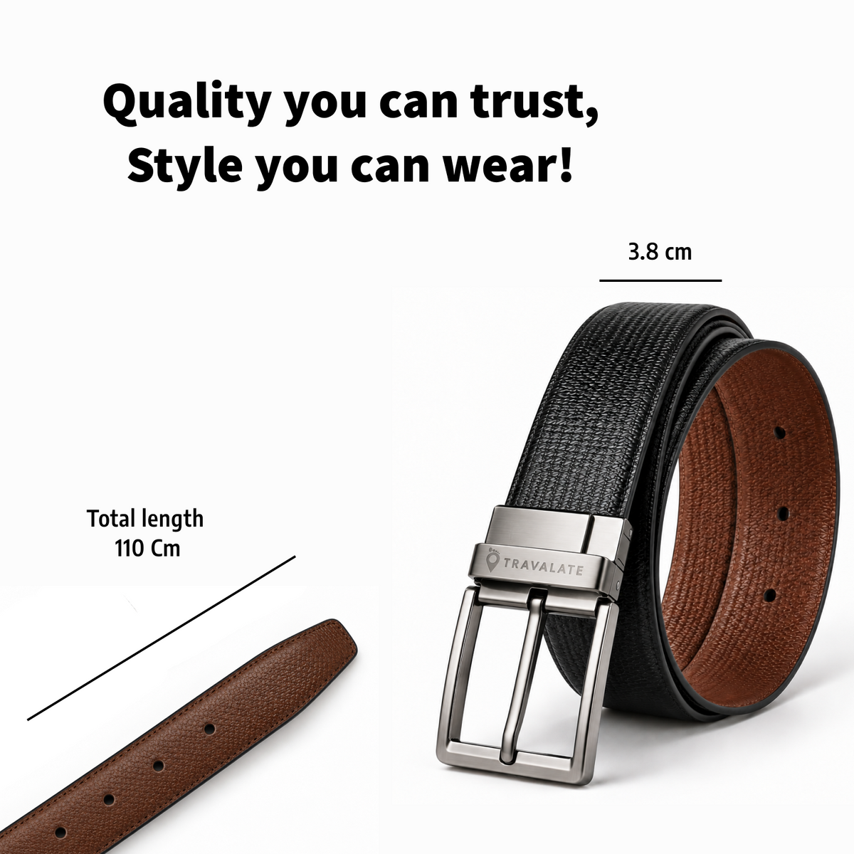 TRAVALATE 2-in-1 Twist Buckle Textured Leather Belt for Men - 44 Inches