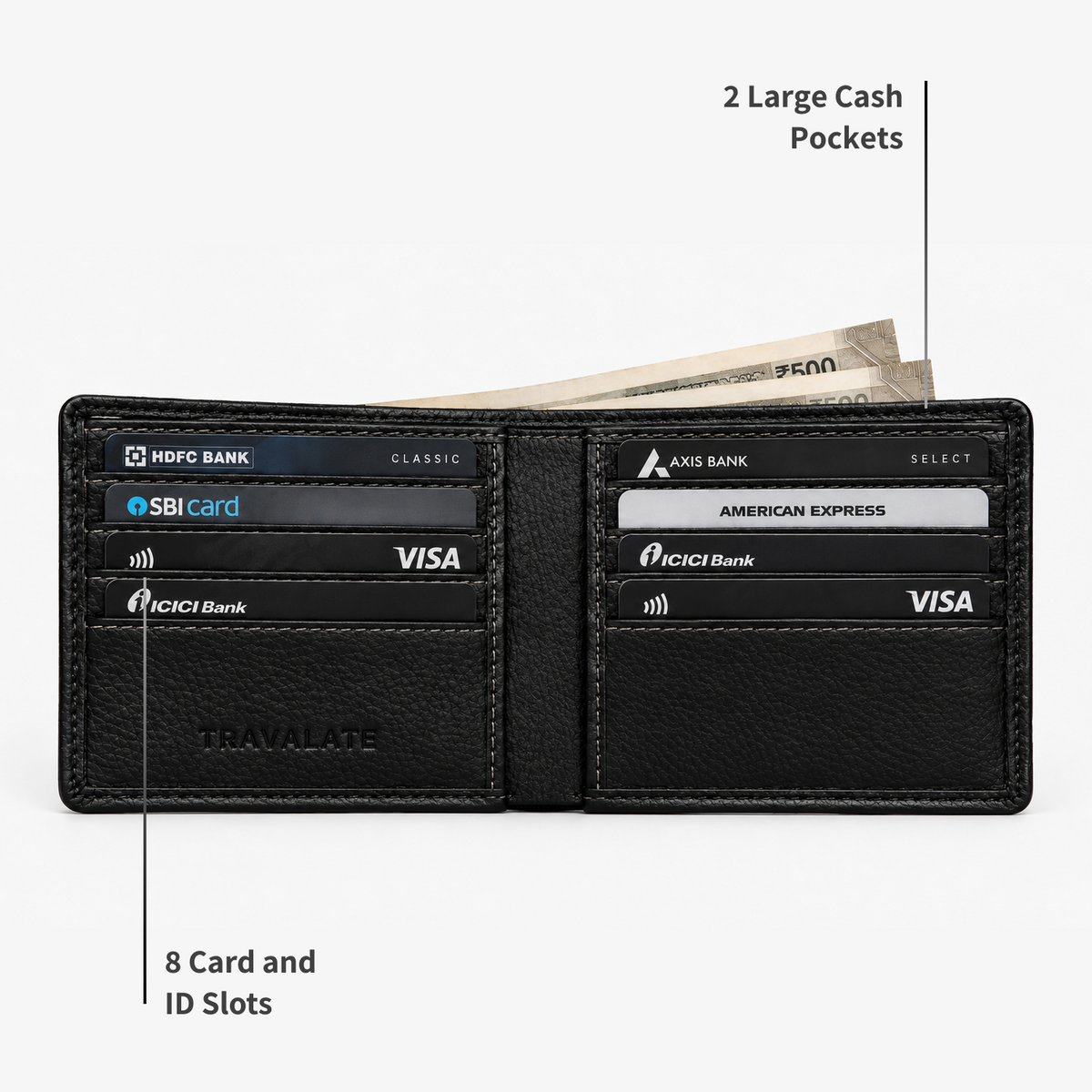 TRAVALATE Bi-Fold Leather Wallet with 8 Card Slots