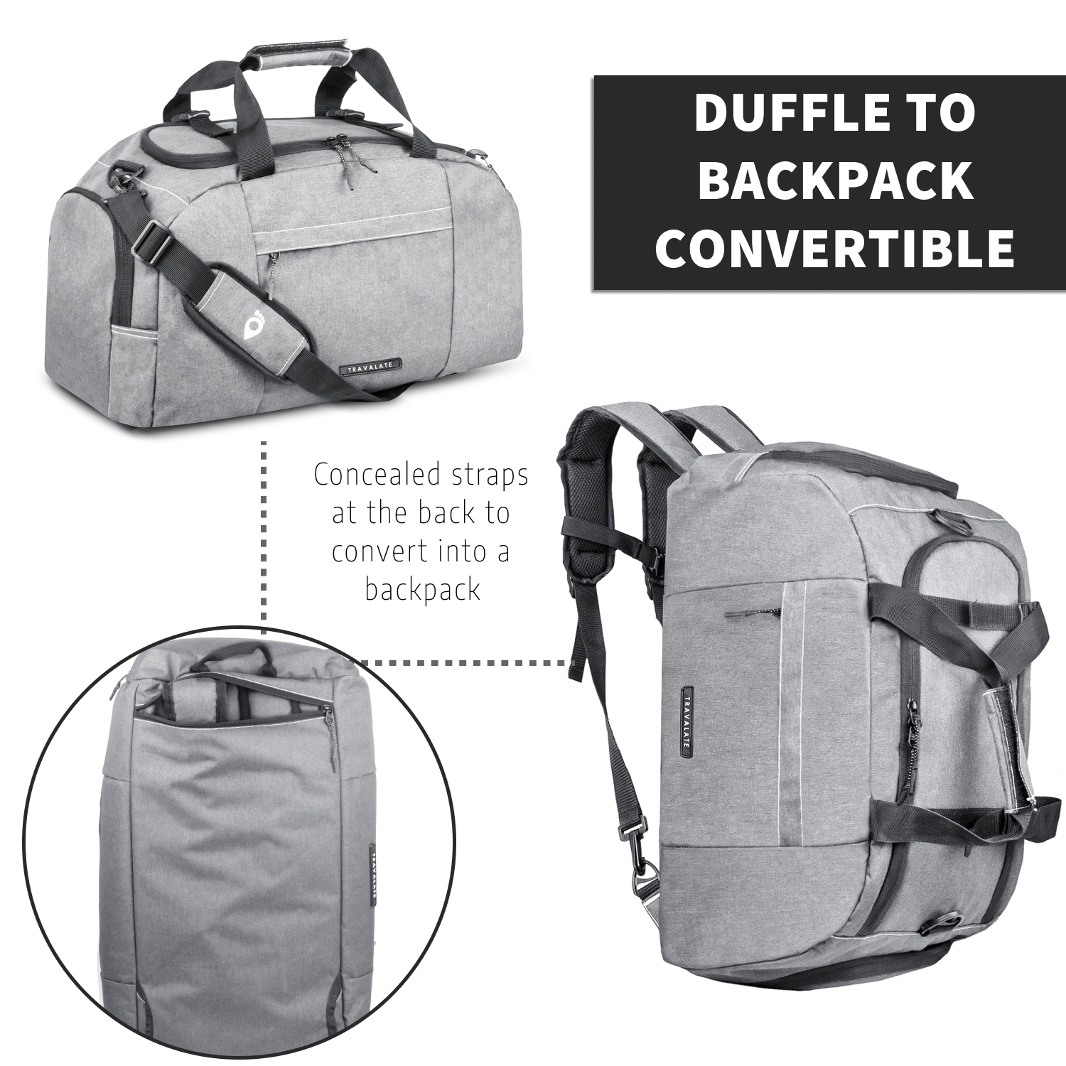 TRAVALATE 45L 3-Way Duffle Backpack Bag for Men - Grey