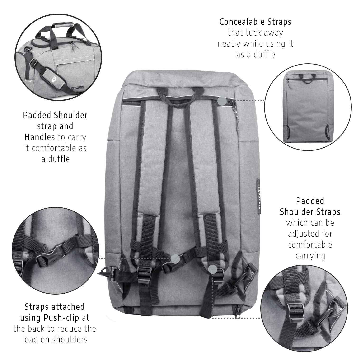 TRAVALATE 45L 3-Way Duffle Backpack Bag for Men - Grey