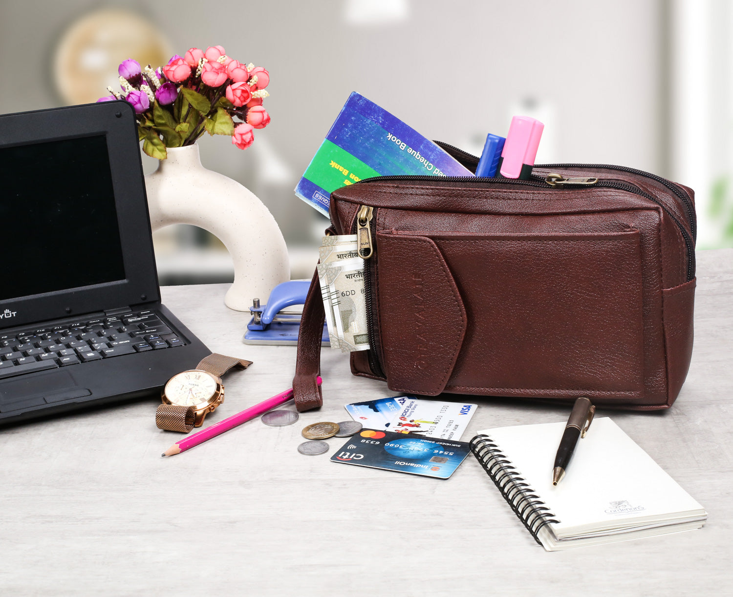Multipurpose Men Handcuffs Leather Cash Bag | Brown