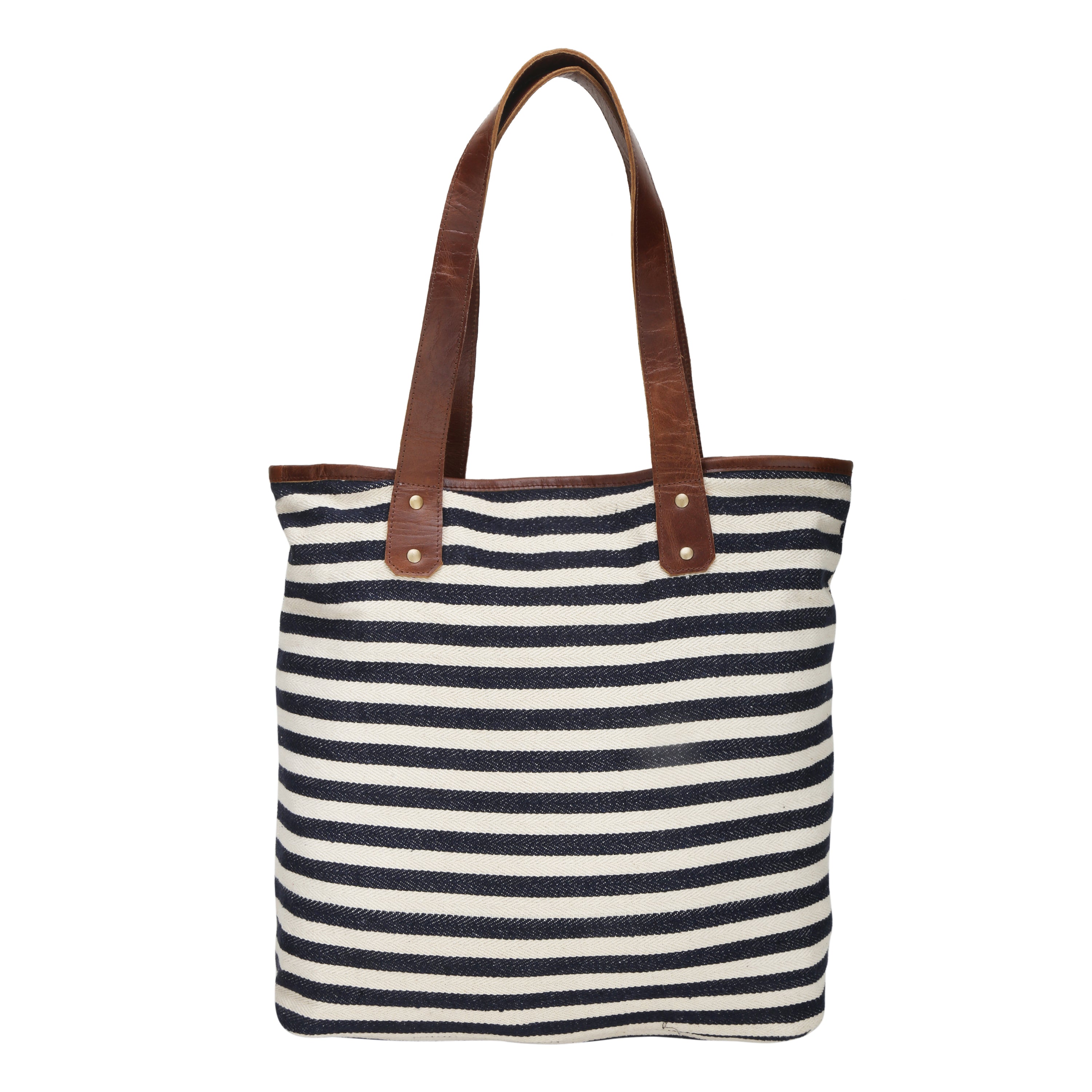 Woven Striped Tote Bag | Navy Blue and White