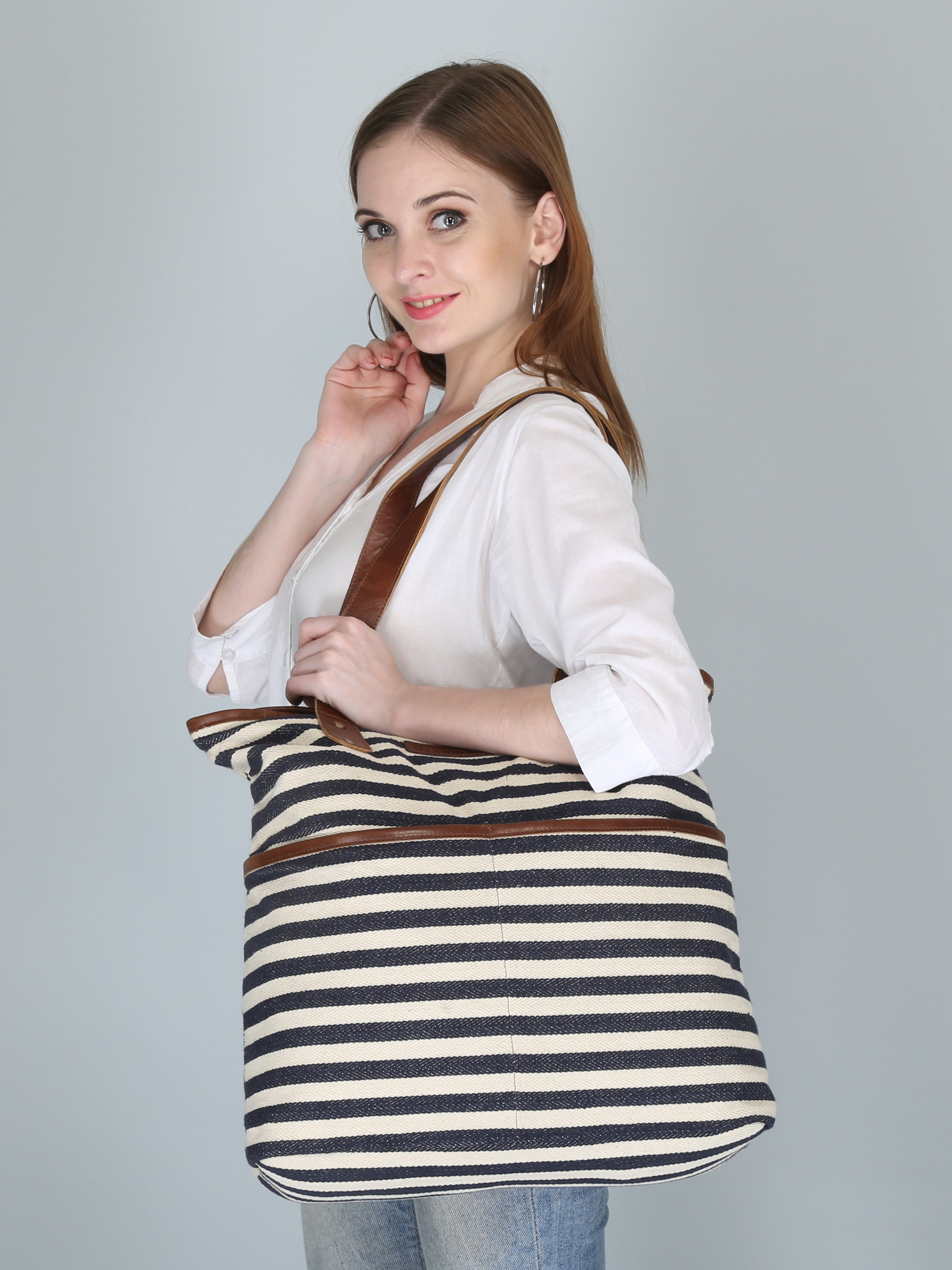 Woven Striped Tote Bag | Navy Blue and White