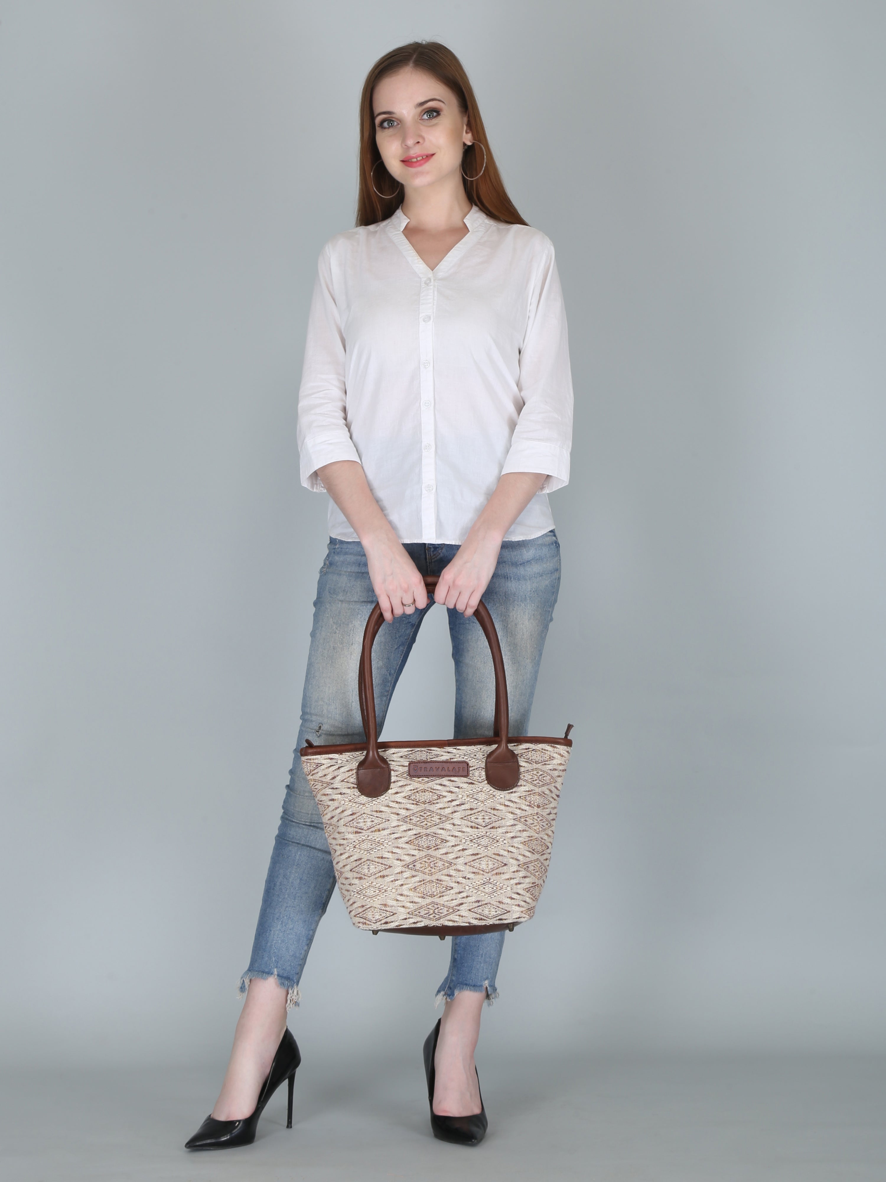 Woven Patterned Tote Bag | Brown and Beige
