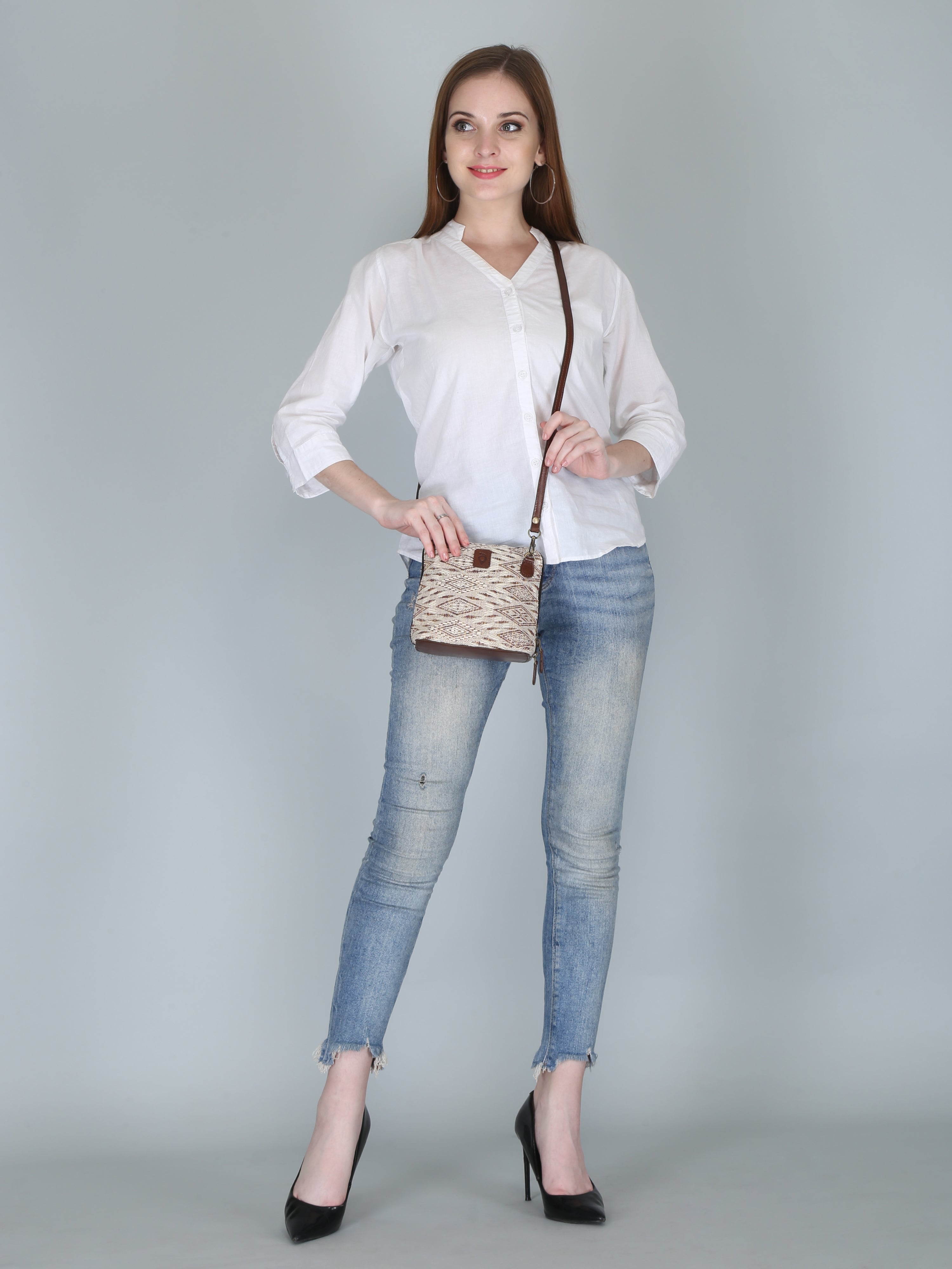 Woven Patterned Sling Bag | Brown and Cream