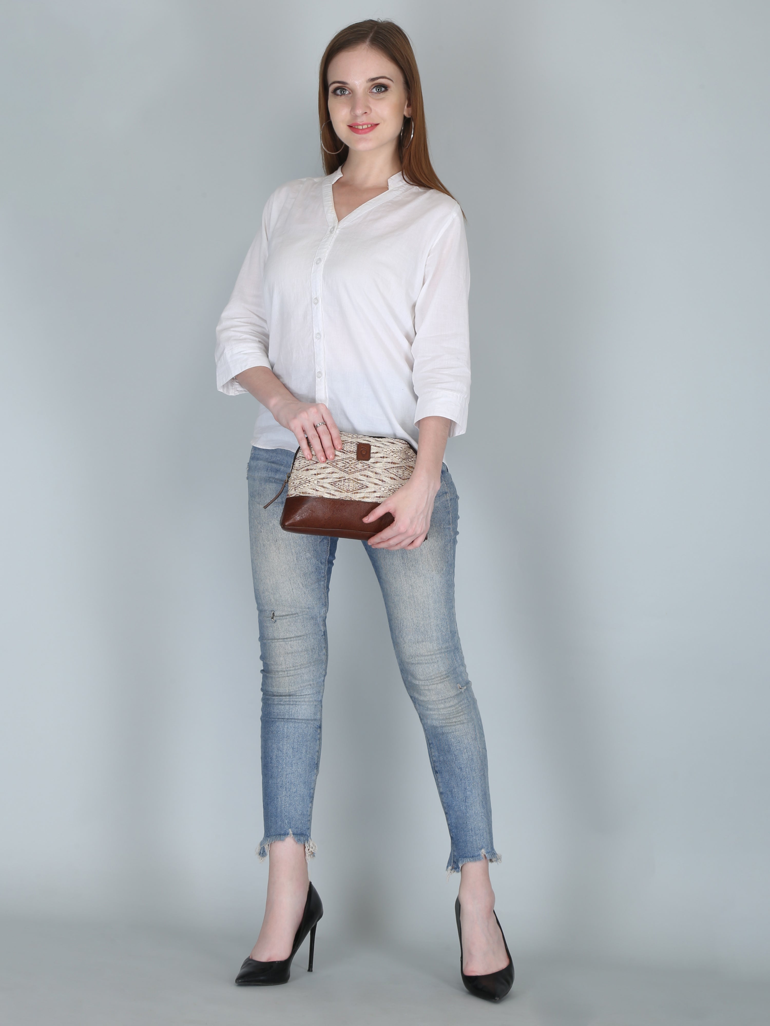 Woven Patterned Clutch | Brown and Cream