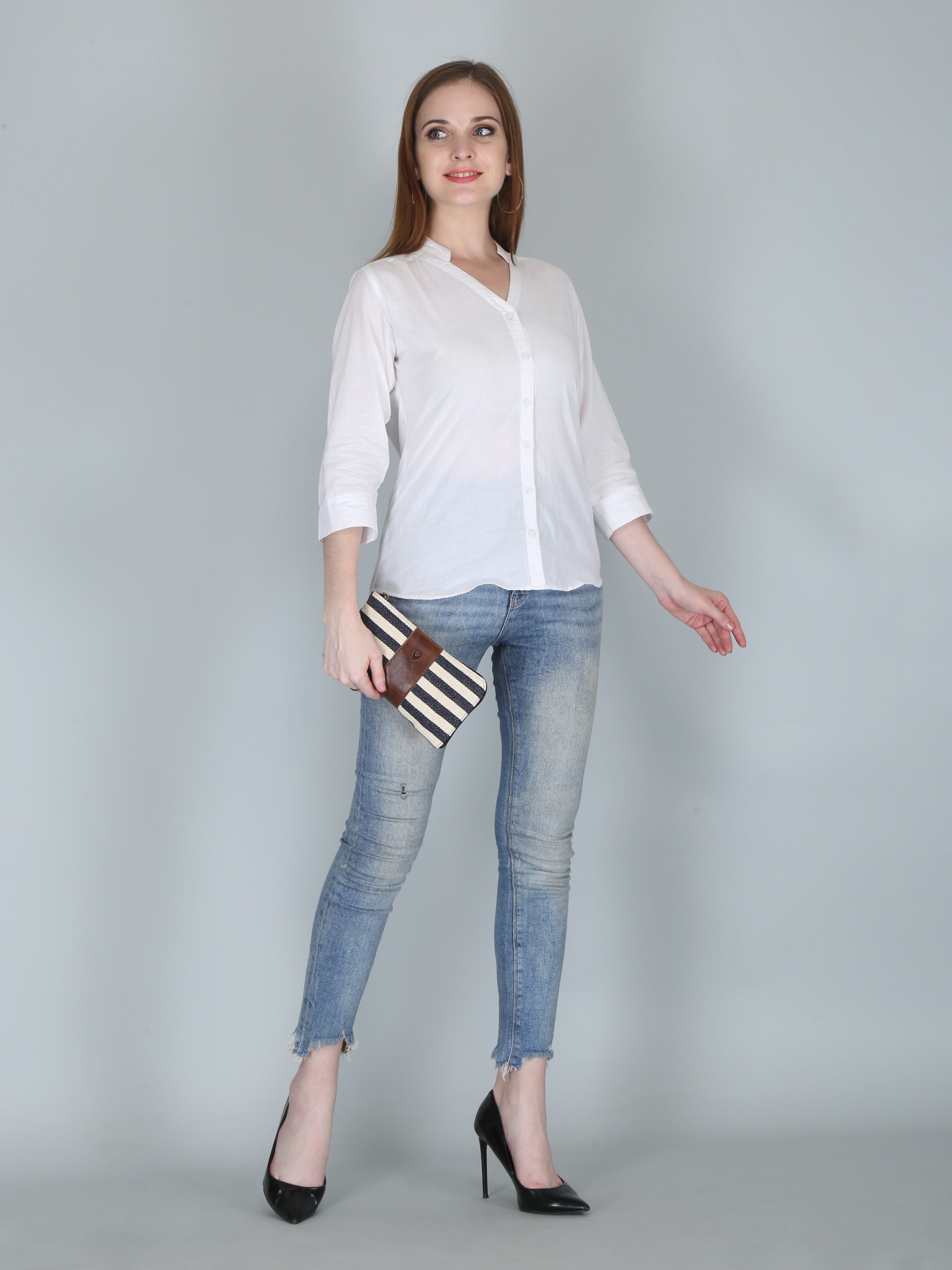 Woven Striped Clutch | Navy Blue and White