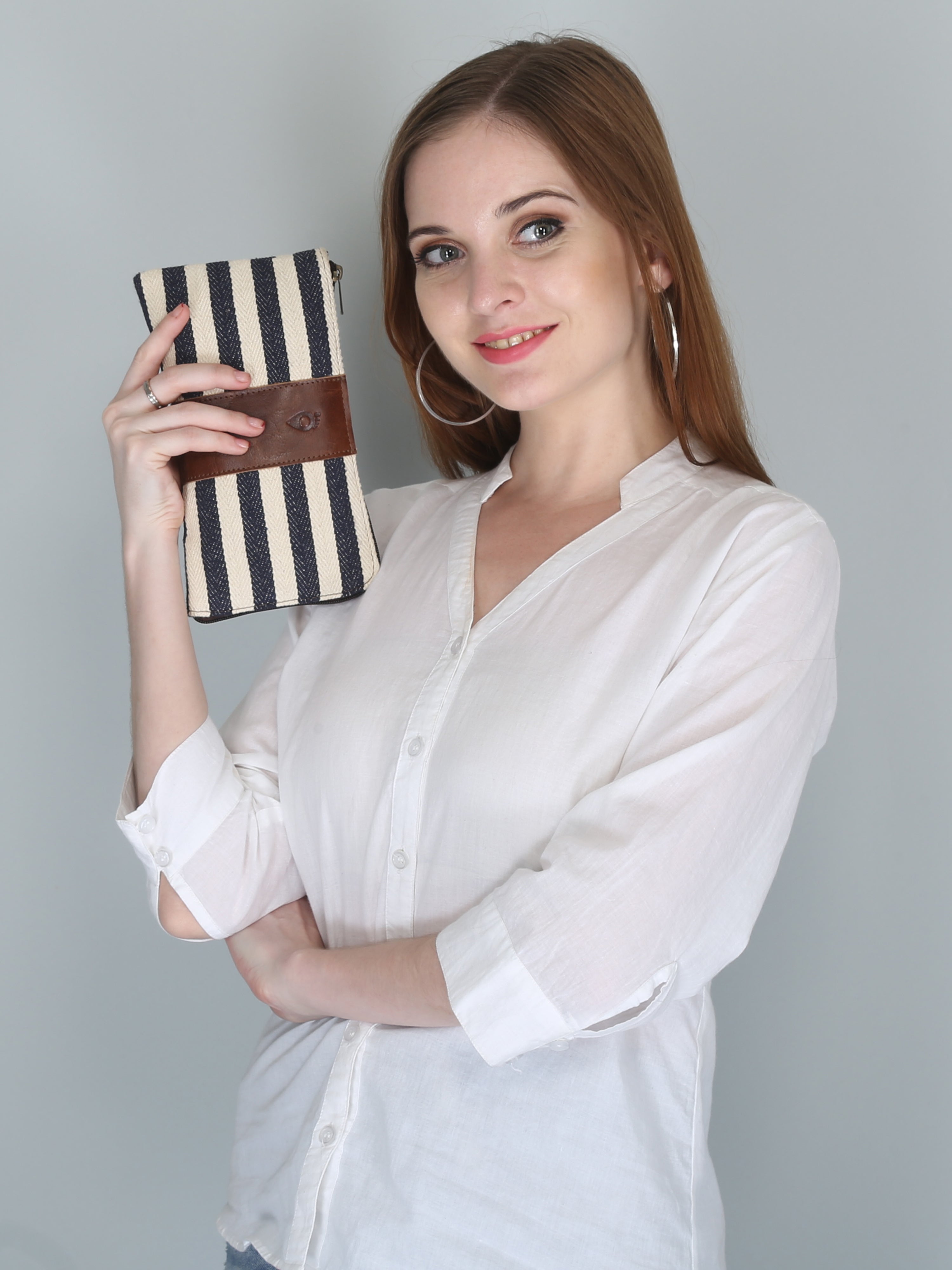 Woven Striped Clutch | Navy Blue and White
