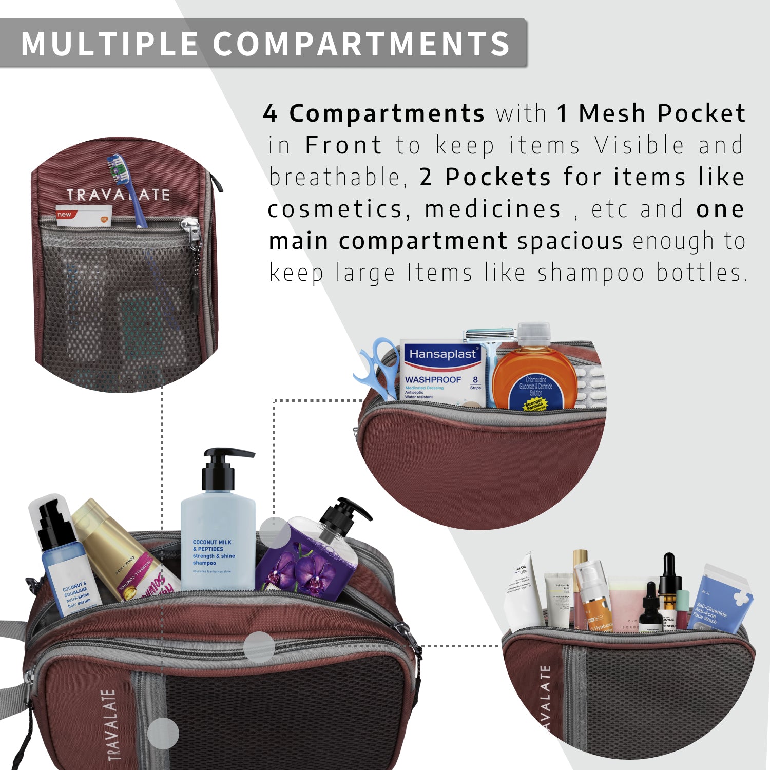 Multi-Pocket Travel Toiletry Bag | Brown