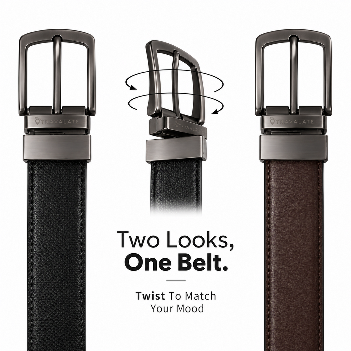 TRAVALATE 2-in-1 Twist Buckle Textured Leather Belt for Men - 44 Inches