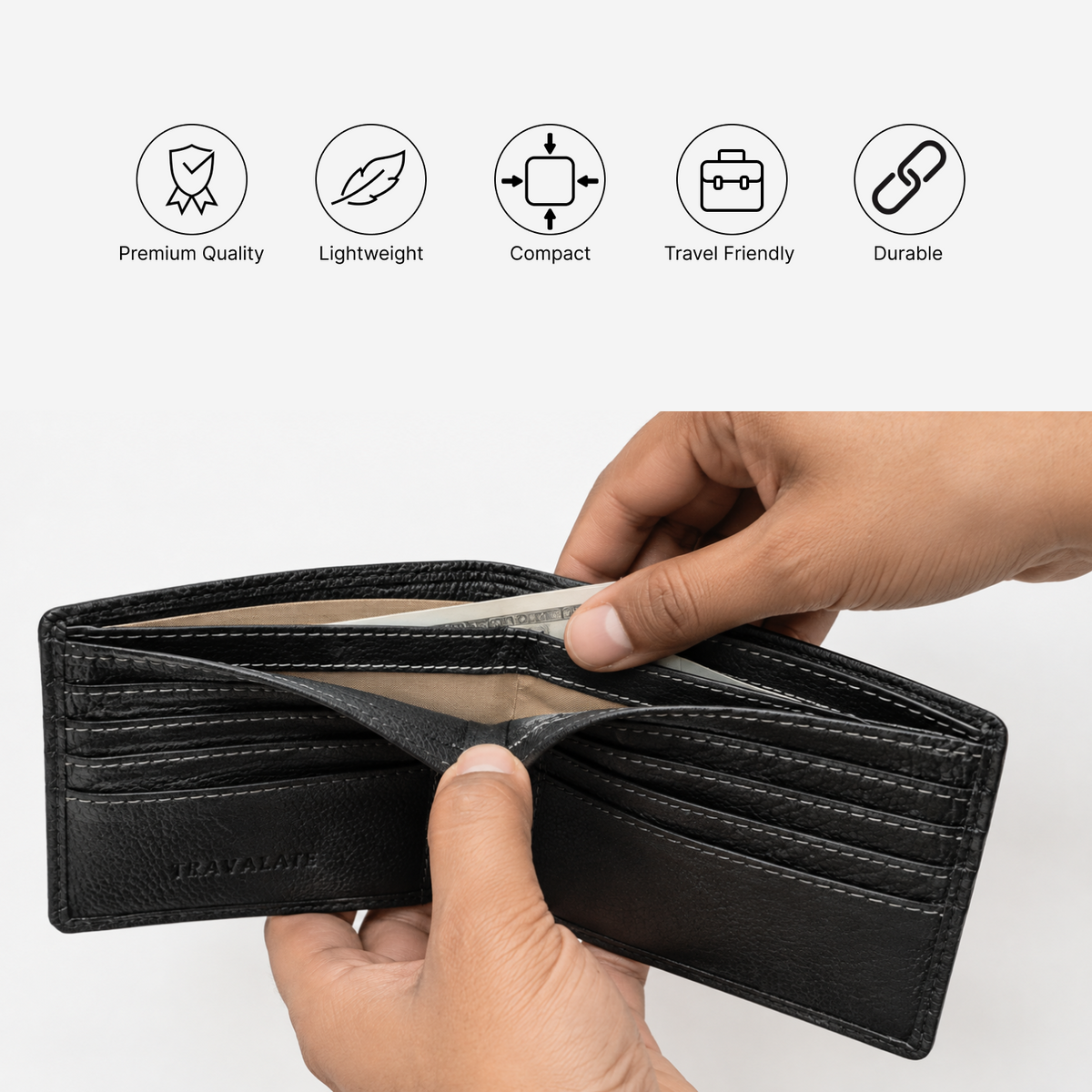 TRAVALATE Bi-Fold Leather Wallet with 8 Card Slots
