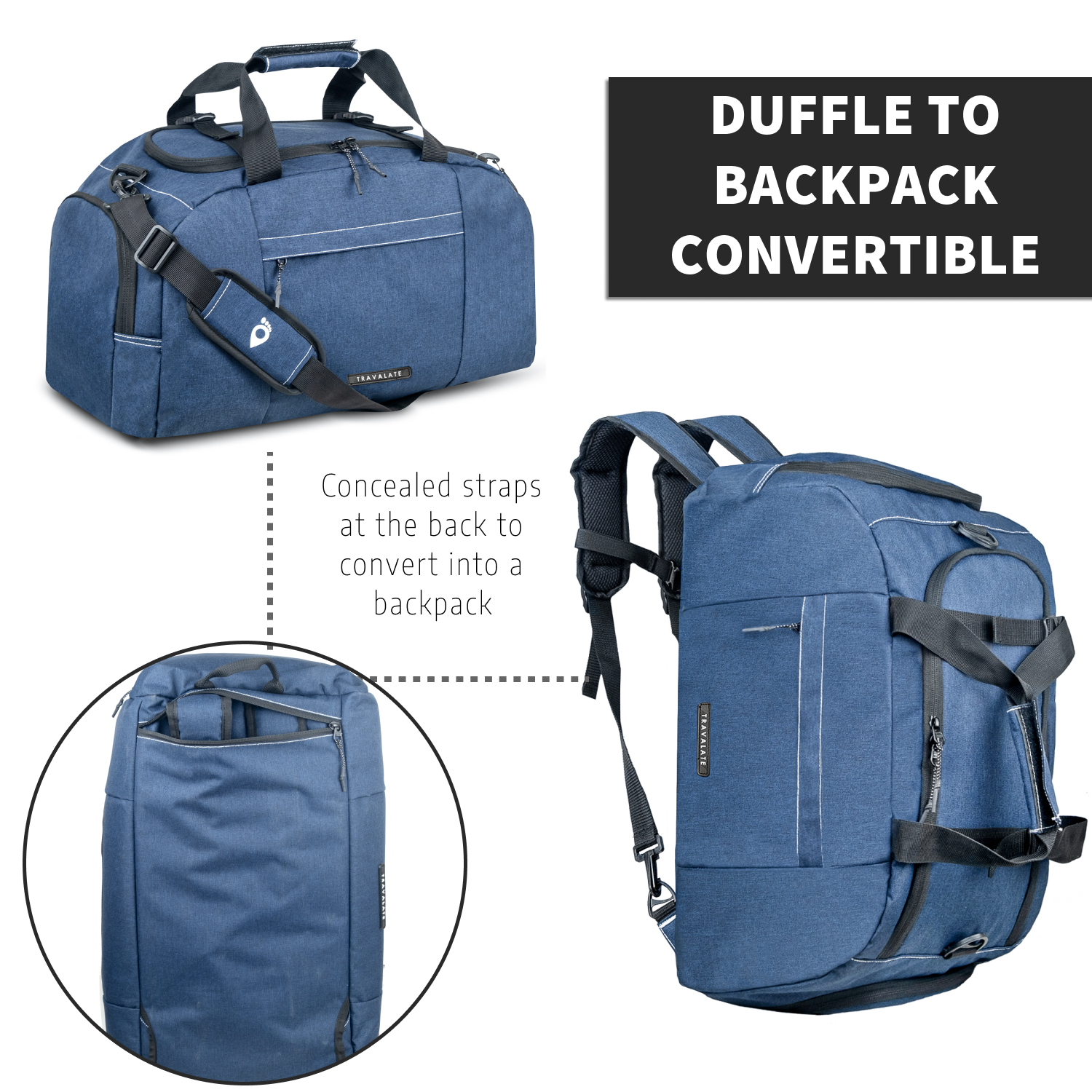 TRAVALATE 45L 3-Way Duffle Backpack Bag for Men - Blue