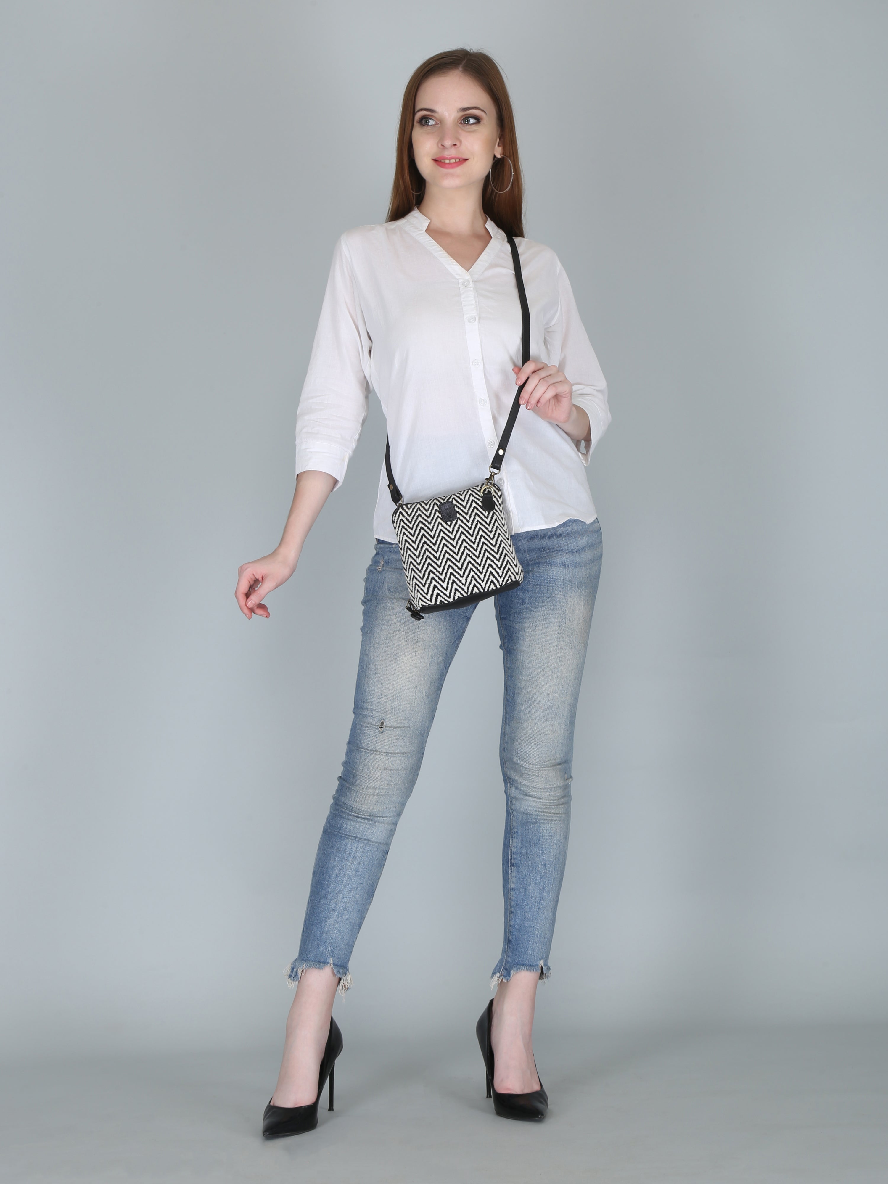 Woven Patterned Sling Bag | Black and White