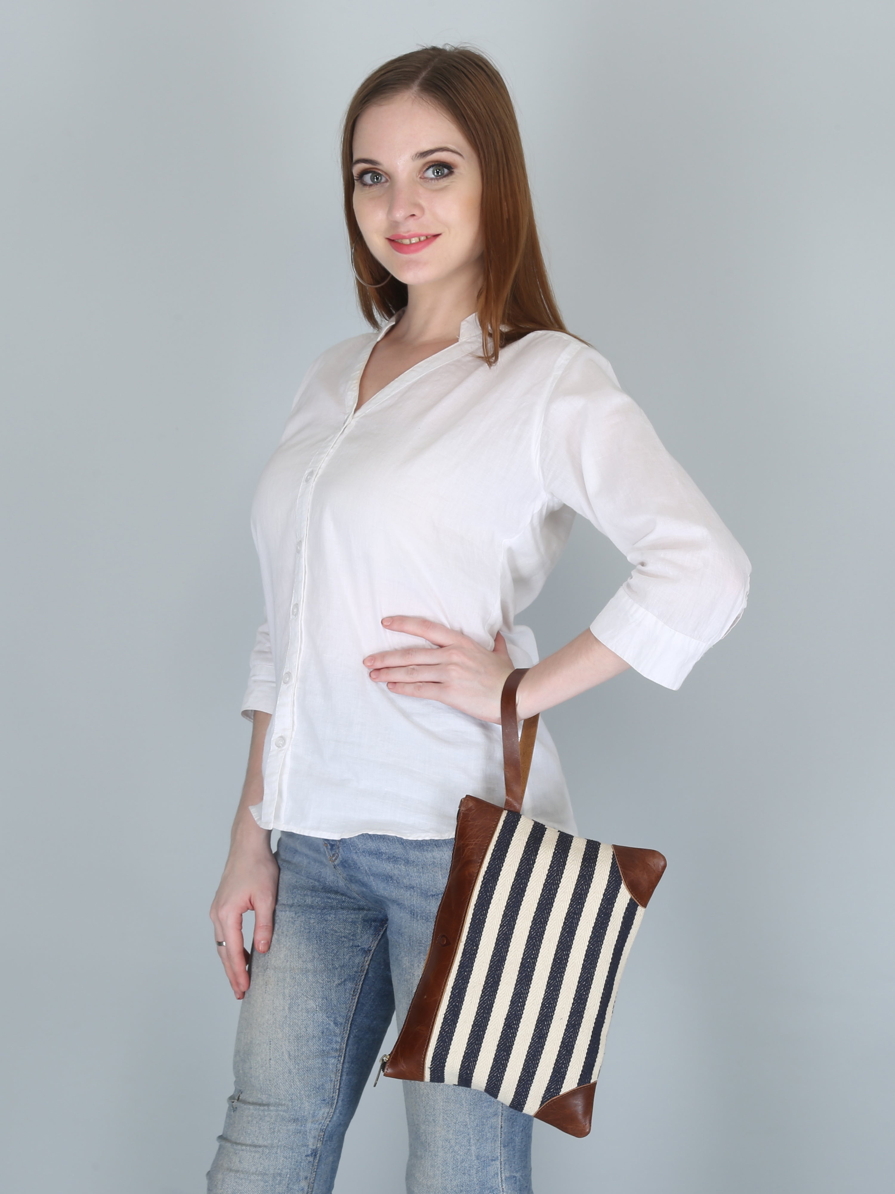 Woven Striped Cosmetic Pouch | Navy Blue and White