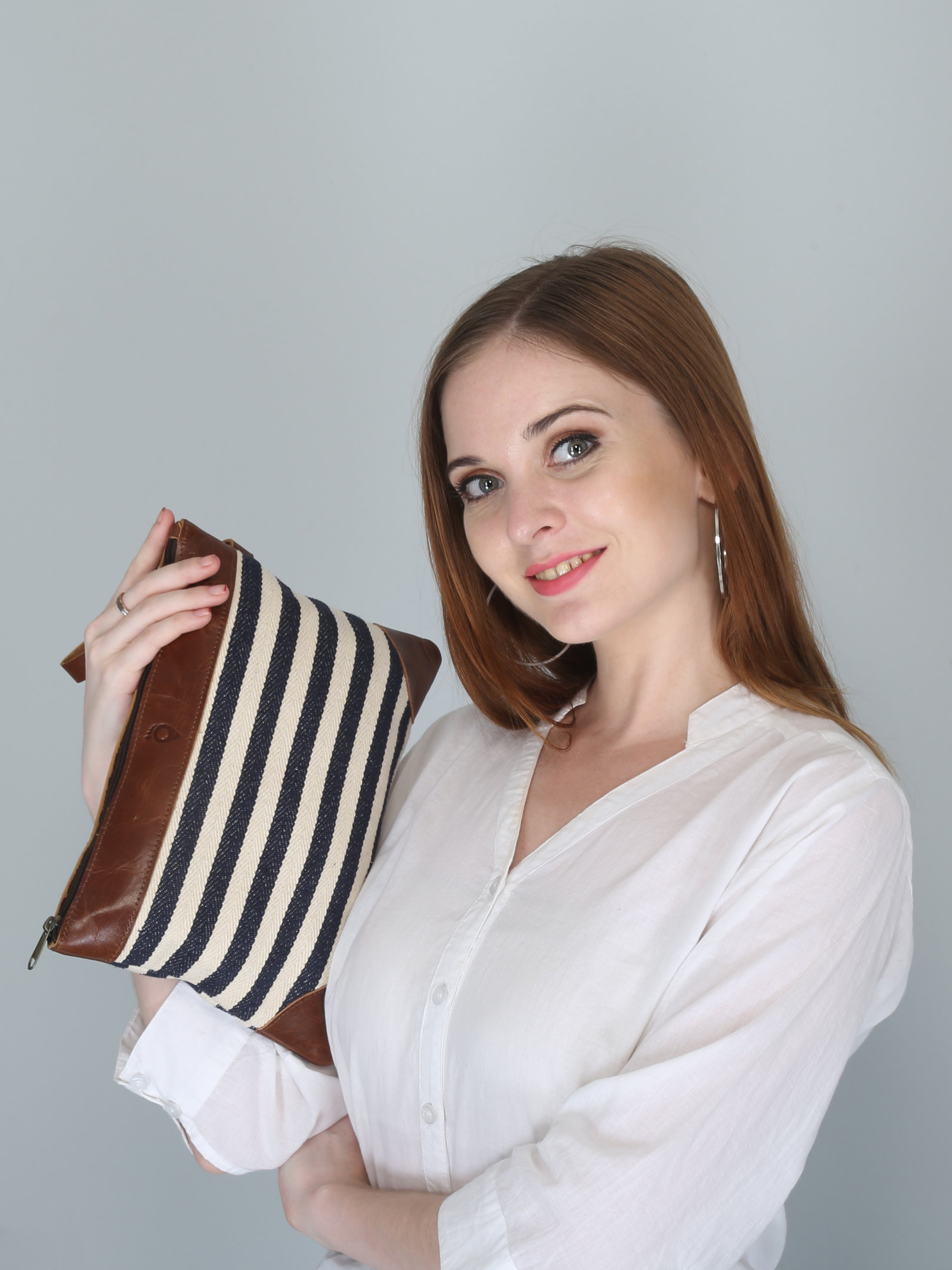 Woven Striped Cosmetic Pouch | Navy Blue and White
